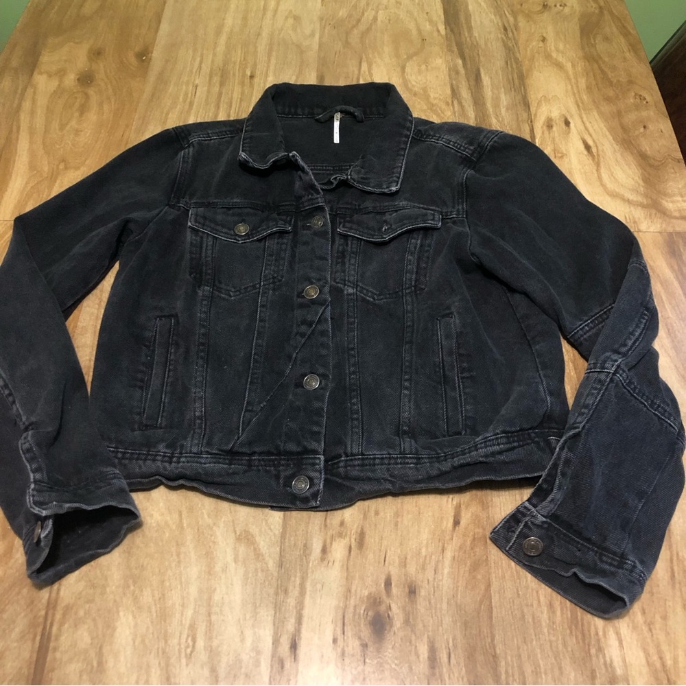 Free People Women's Black Cotton Long Sleeve Pockets Denim Jacket Medium